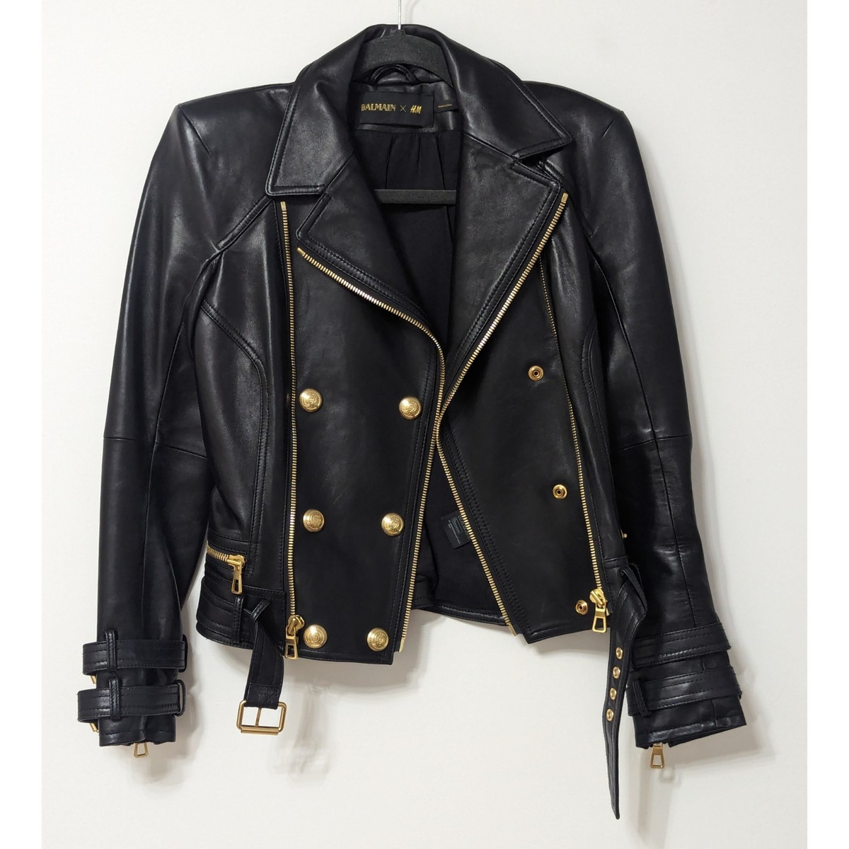 BALMAIN X H&M Black Soft Leather Runway Jacket with Gold Metal