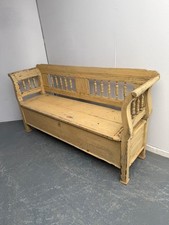 An Original Painted Cream Victorian Pine Hungarian 3 Seater Box Settle Bench