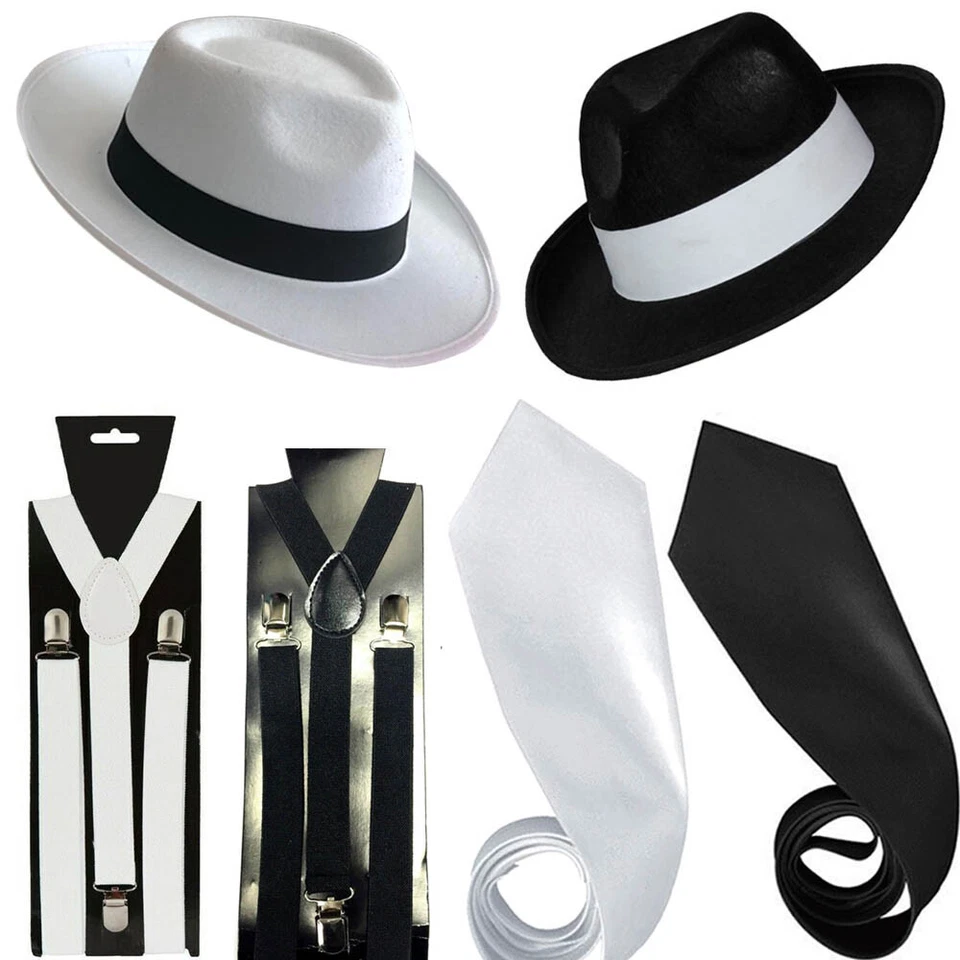 GOLDEN BEADS HERREN GANGSTERMÜTZE KRAWATTENHOSTEN SET FILZ TRILBY AL CAPONE 1920ER SCHICKES KLEID SET