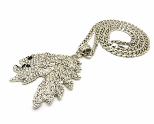 SILVER PLATED ALLOY CUBIC ZIRCONIA SKULL CHIEF & CUBAN CHAIN HIP HOP NECKLACE - Picture 4 of 6