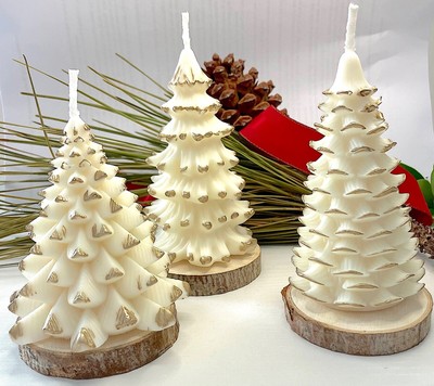 Set of 3 White Pine Tree Candles, Gold Decor, Christmas Present, Holiday Gift 4''