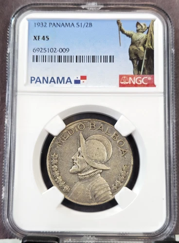 1932 PANAMA SILVER 1/2 BALBOA VASCO NUNEZ NGC XF 45 RARE KEY DATE COIN
