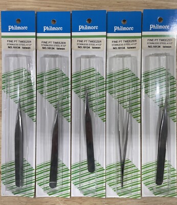 Philmore 10134 Regular Fine Point Tweezer, Stainless Steel, 4.5-inch, Lot of 5