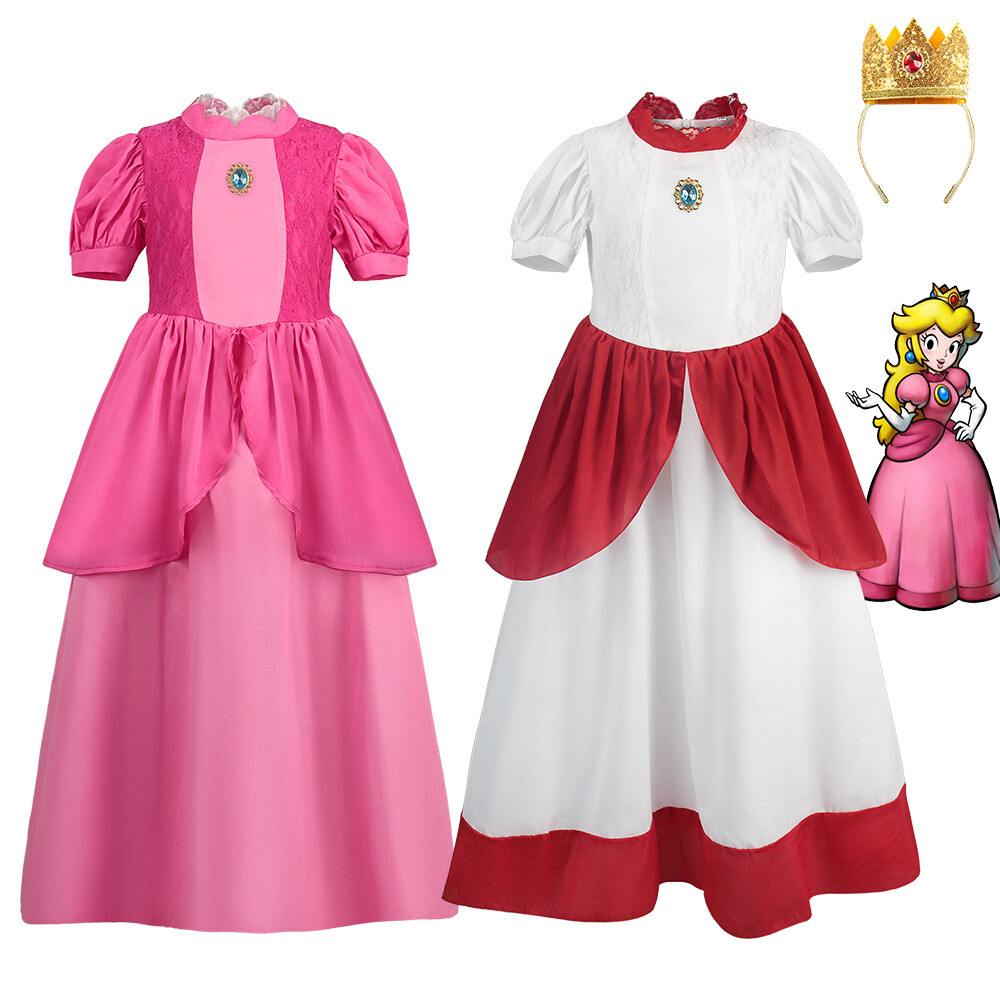 Princess Peach Dress Cosplay Costume Fancy Dress Kids Women Gown