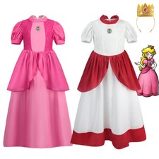 Princess Peach Dress Cosplay Costume Fancy Dress Kids Women Gown Full Set