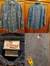 Vtg THE DISNEY STORE Winnie The Pooh Denim L/S Shirt Large Embroidered All Over
