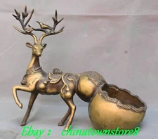 12.2'' Old Chinese Bronze Gilt Gourd Hulu Sika Deer Animal Incense Burner Censer