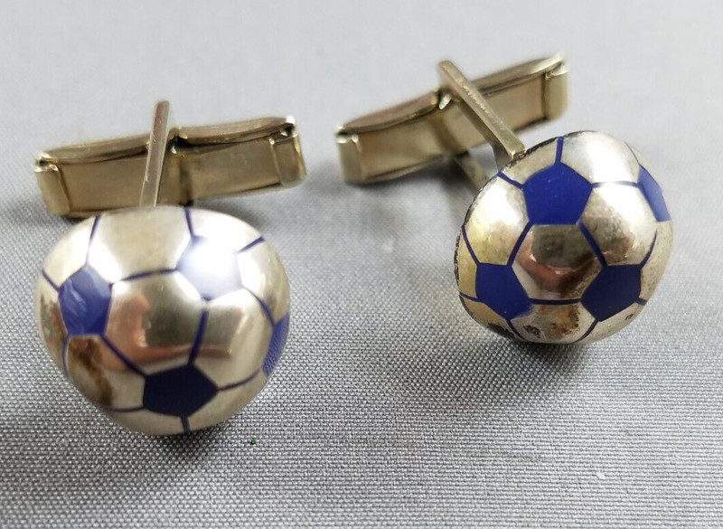 Vtg Sterling Silver & Metal Blue Enamel Soccer ball Cufflinks  Signed TCHJ (S9)
