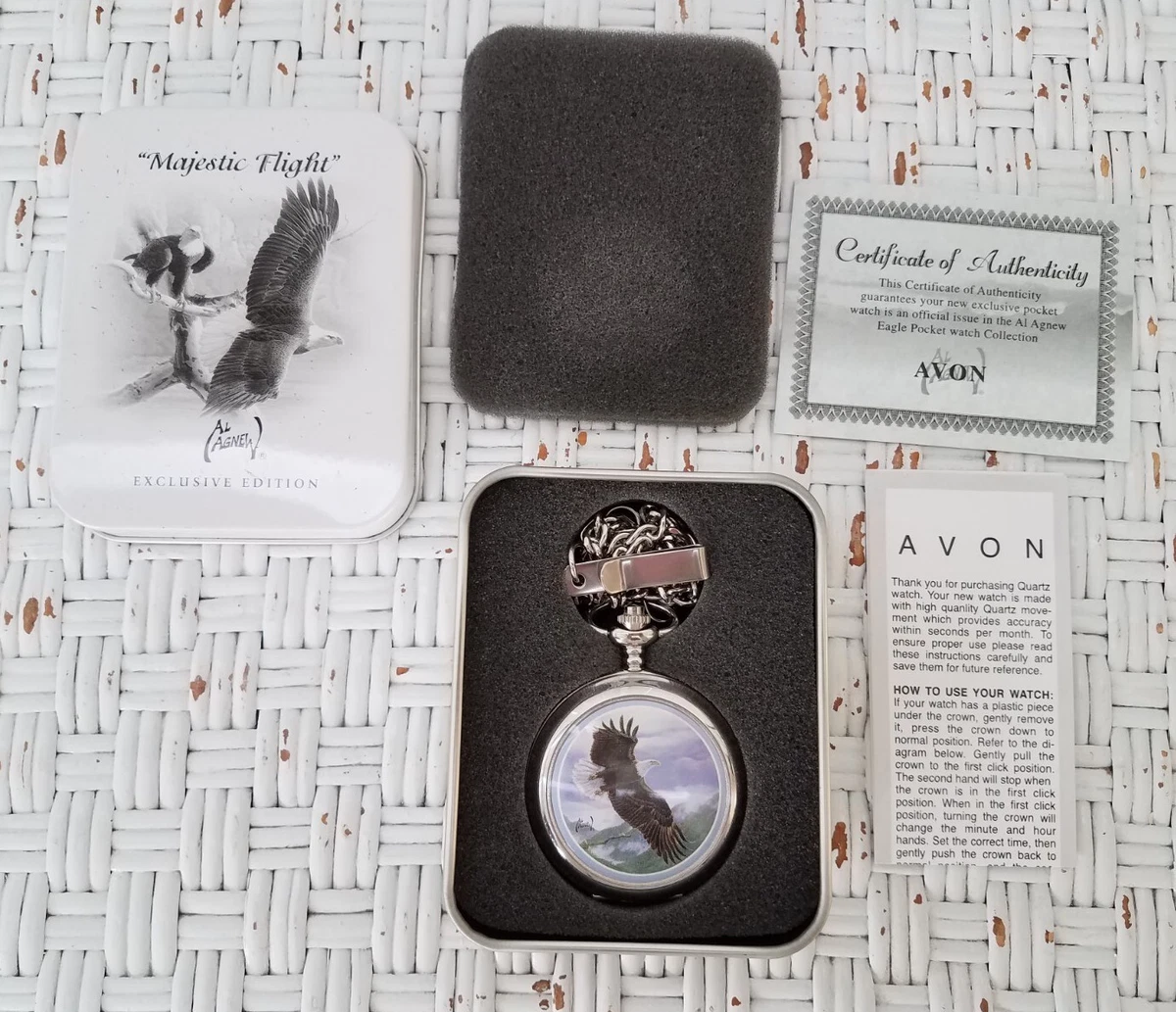 Al Agnew Avon Majestic Flight Eagle Silver Tone Pocket Watch