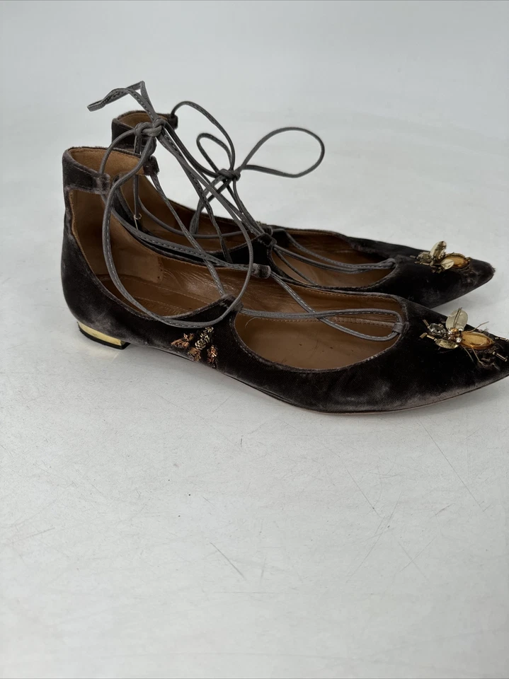 Aquazzura Mujer Marrón Terciopelo Cuentas Con Cordones Punta Plana Talla 36 Foto 3 de 4