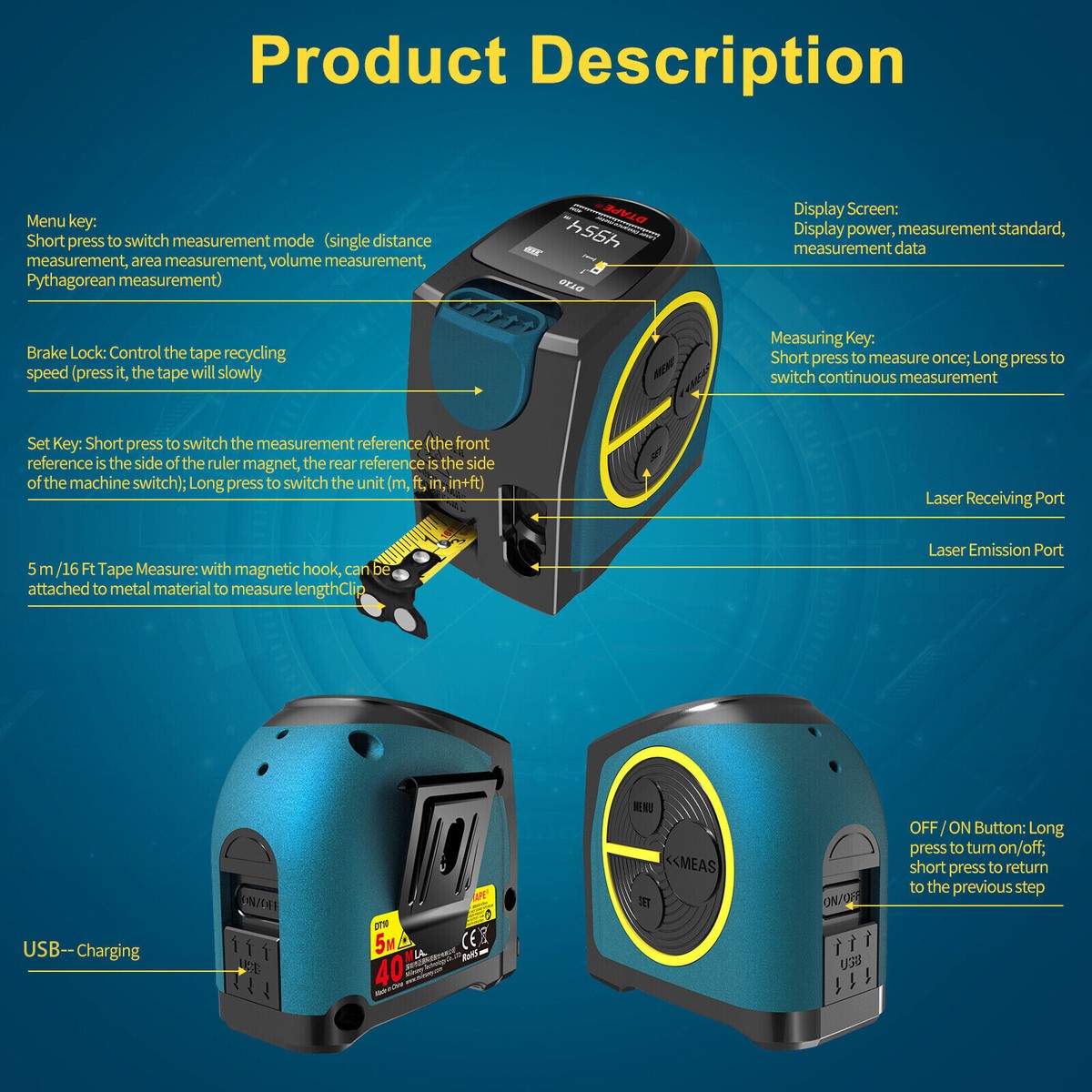Laser Tape Measure 2-in-1, Laser Measure 196 Ft, Tape Measure 16 Ft Metric and US units with LCD Digital Display, Movable Magnetic Hook, Unit Conversi GeoTape 2in1 5m tape with built-in 20 meter Laser Distancemeter