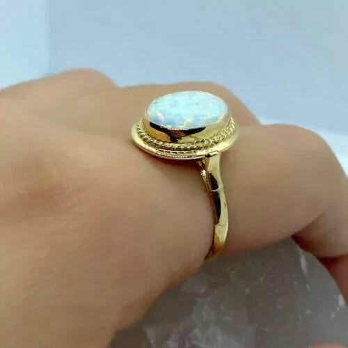 Ehering 2 Karat Ovalschliff Laborgefertigter Feueropal Solitär 14K Gelbgold vergoldet - Bild 2 von 6
