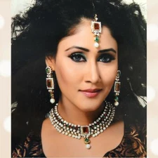 Kundan Necklace Set with Earring and Maang Tikka, Pearl, Diamond