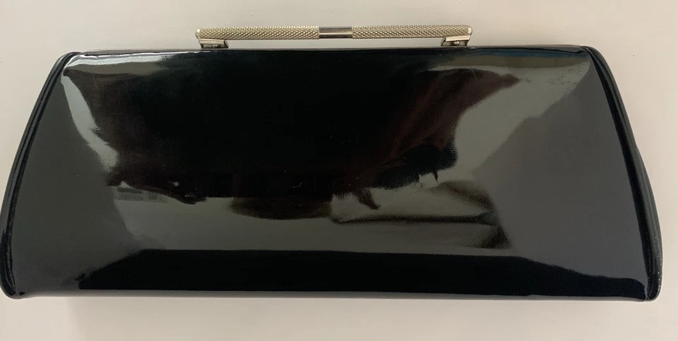 Vintage 60s Black Patent Long Clutch Handbag Pocketbook Silver Tone Bar Close - Image 4 of 4