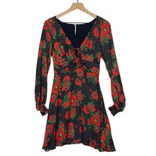Free People Mini Dress Women's Size 4 Black Red Floral Morning Light Polka Dots