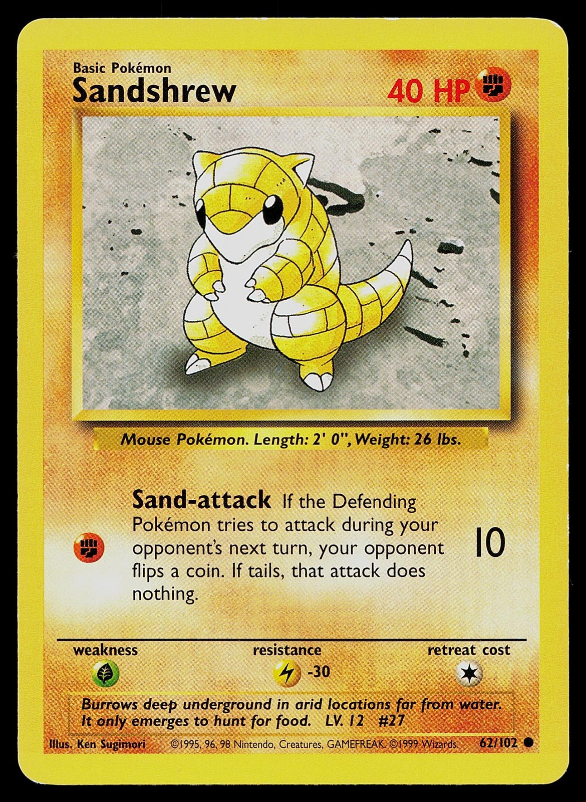 Pokemon Card Base Set Unlimited Sandshrew 62/102 Common