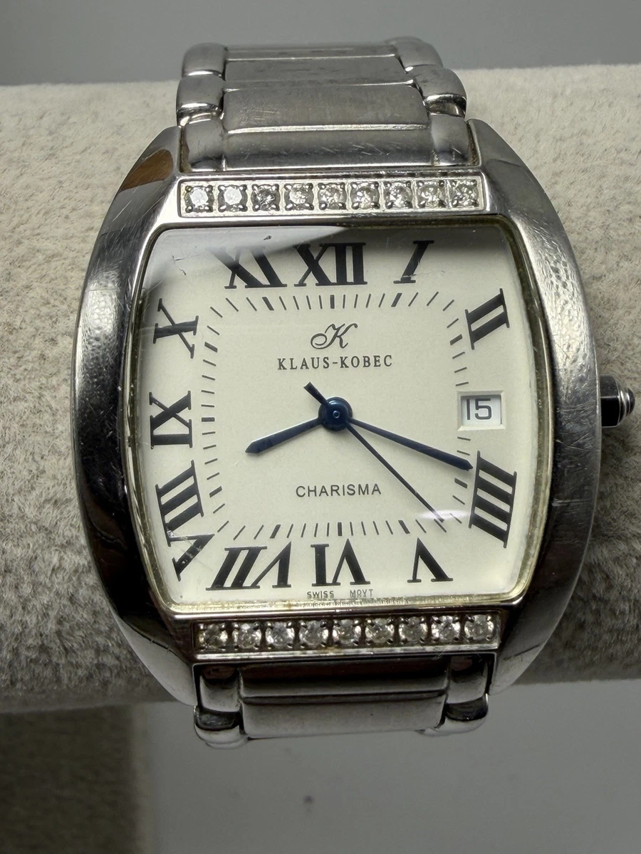 Klaus Kobec Vintage Silver Roman Numeral Date Watch Bracelet Band Quartz Watch Klaus Kobec Mens Stainless ATM Quartz Water RESISTANT Wrist  main image 2