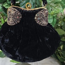 Vintage Black Velvet Evening Bag with Ornate Gold Accents