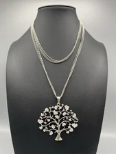 Silver Tone Tree of Life Necklace with Crystal Heart Leaves