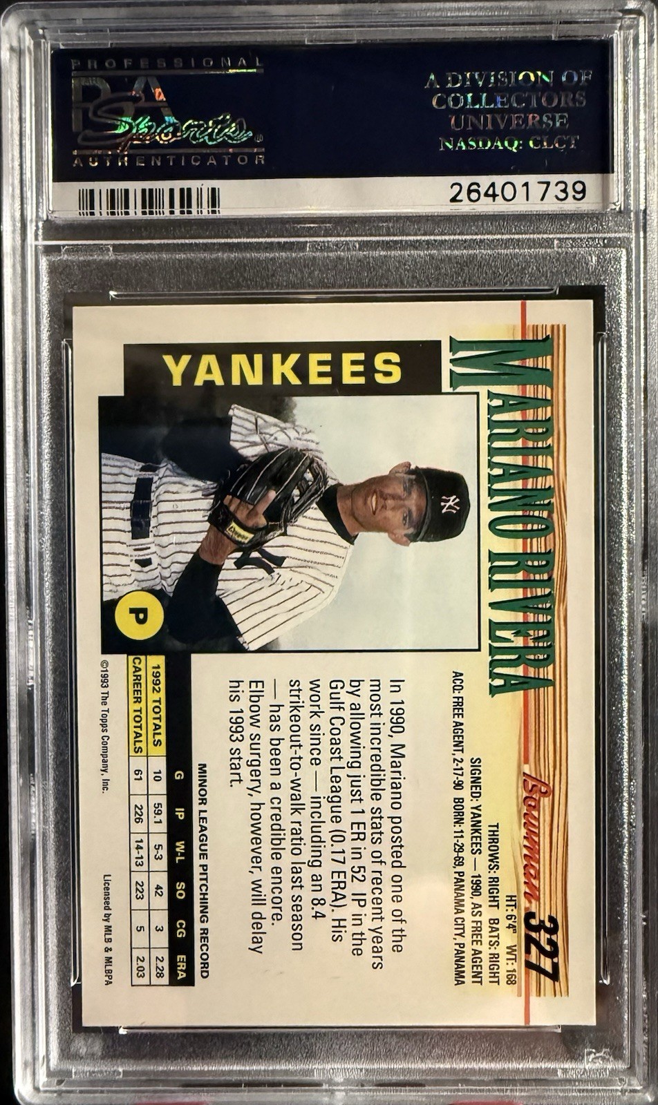 1993 Bowman Mariano Rivera #327 PSA 7 New York Yankees HOF! view 2