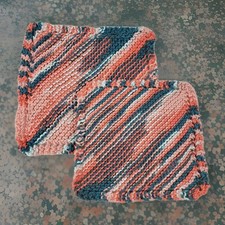 Hand Knit Dishcloth Set 2 Coral Teal Cotton Farmhouse Kitchen Handmade Gift