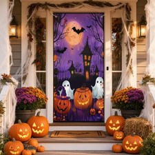Purple Halloween Door Banner Cute Ghosts Pumpkins Castle Backdrop Porch Decor