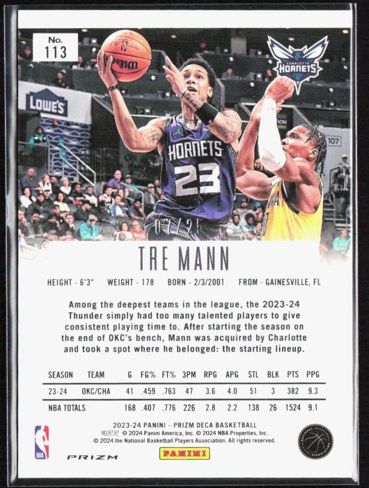 2023-24 Panini Prizm Deca Tre Mann Mojo /25 #113 Hornets - Image 2 of 2