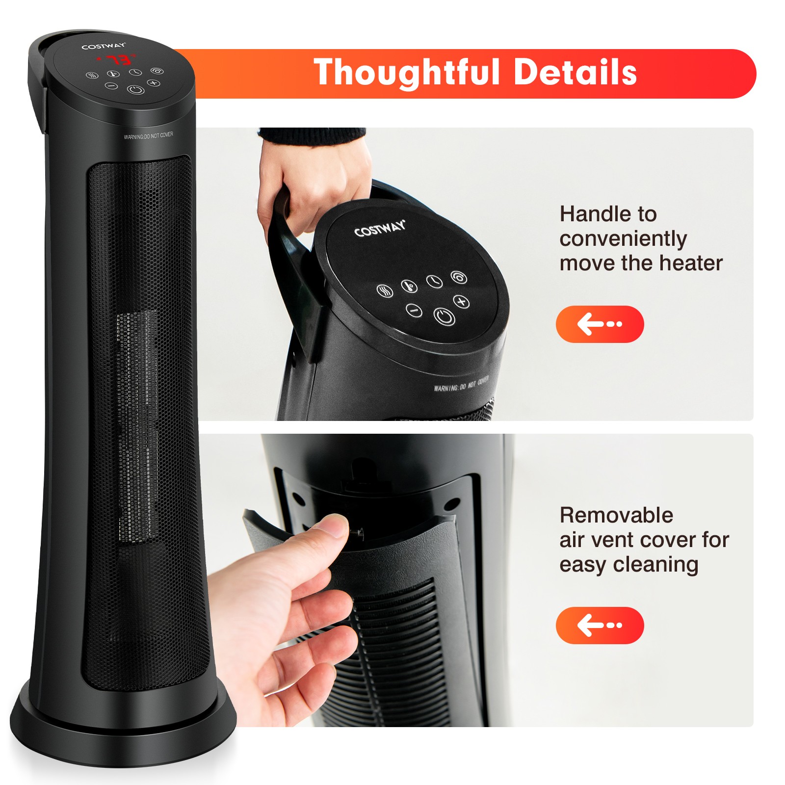 1500W Portable Electric PTC Heater Swing Space Heater w/ 24H Timer &Thermostat