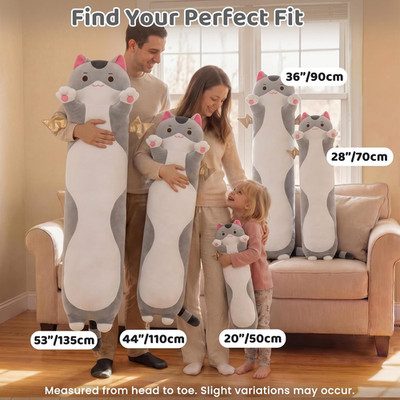 Grey Cat Body Pillow Long Cat Plush 20 In, Extra Filling Soft Cute | Ultra-So...