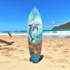 Dolphin Surfboard Wall Art, Coastal Beach Decor, Tropical Ocean Sign, 3 - 4 Feet