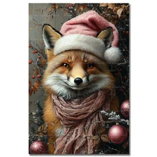CHRISTMAS FOX PINK SANTA HAT ART PRINT, Fantasy Animal Poster Holiday Gift Decor