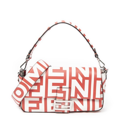 Fendi Red/White Baguette Shoulder Bag Printed Leather