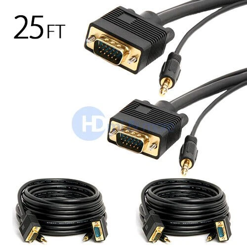 2x 25 FT SVGA Super VGA M Male to Male Cable with 3.5mm Audio for Monitor TV