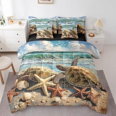  7 Piece Sea Turtle Bed in a Bag,Coastal Beach Ocean Waves Bedding Queen Khaki