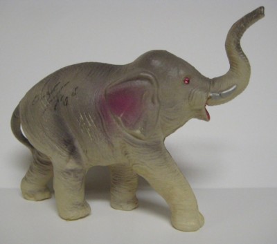 Vintage 1940s Celluloid Large Elephant Red Rhinestone Eye 6'' x 5'' JAPAN Trunk Up