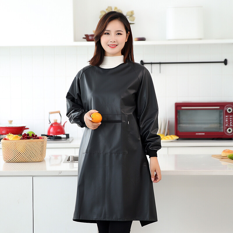 Women Waterproof Faux Leather Apron Long Sleeve Anti-Oil