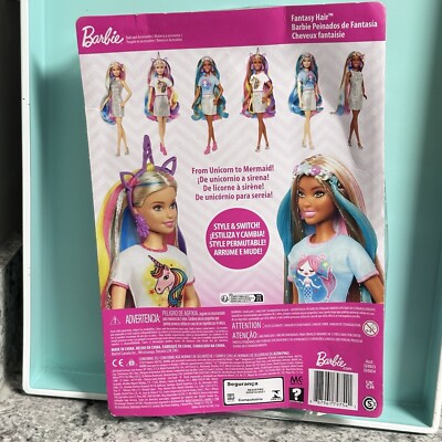 Barbie Fantasy Hair Doll Accessories, Colorful Hair with Mermaid Unicorn  Look