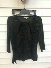 Notations Womens Size M Blouse Shirt velvet Black / Silver /GOLD 3/4 SLEEVE 