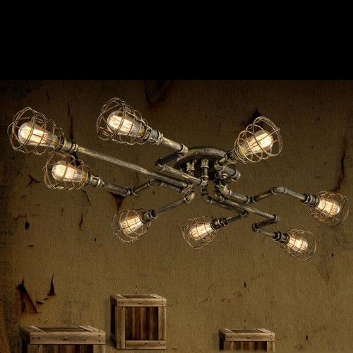 Industrial Cage Ceiling Light Steampunk Chandelier Lamp in Antique Brass Finish - Picture 6 of 7
