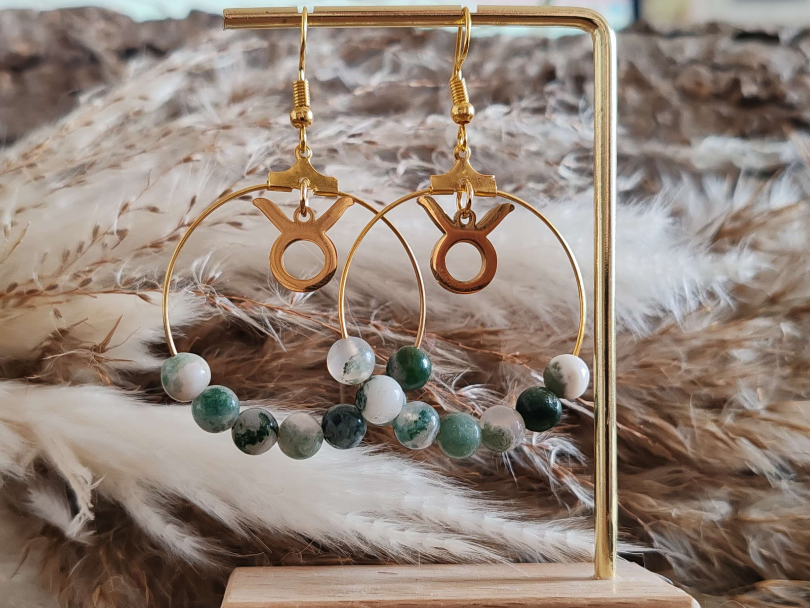 Créoles Agate Arbre Signe Taureau, Boucles d'Oreilles Anti-Allergie en Argent pour Peau Sensible