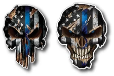 2pk small Thin Blue Line Skull Decal  Sticker Car Truck Yeti Police Officer Cop