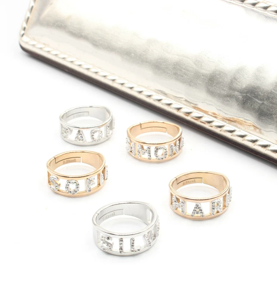 anello con nome regalo donna scritta strass fascione fascetta veretta in acciaio - Immagine 4 di 4