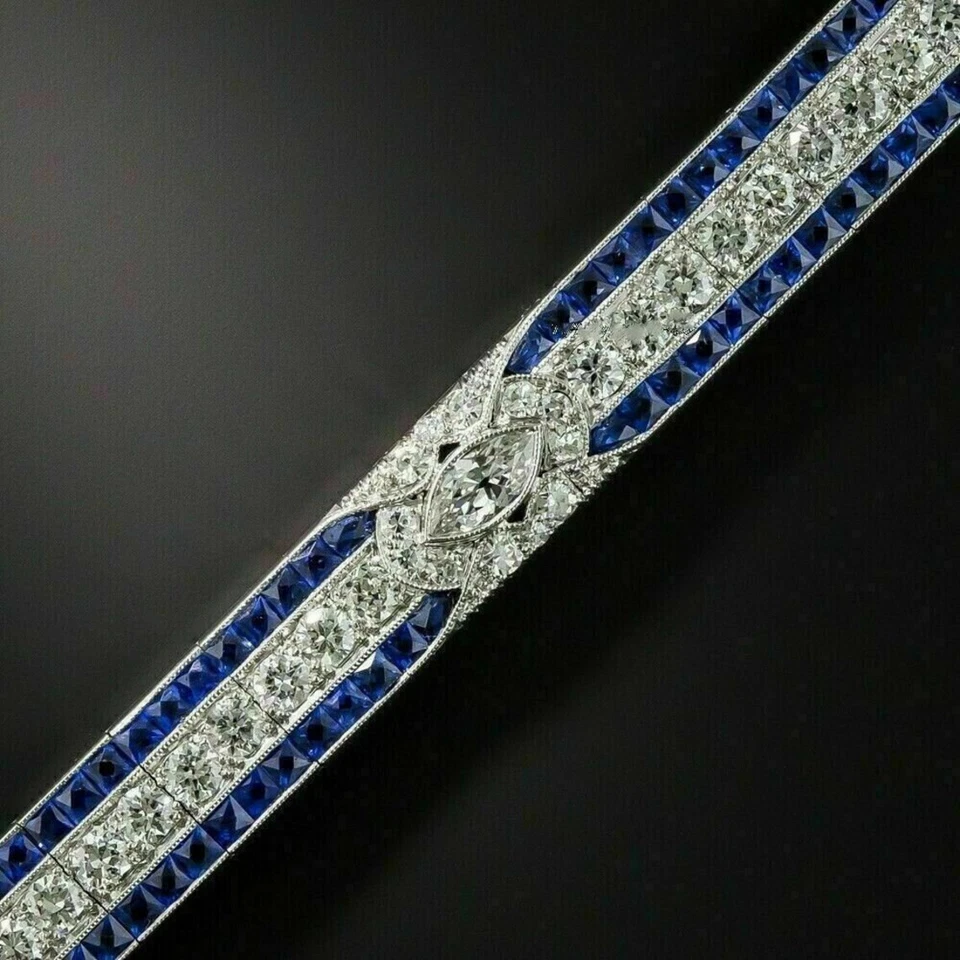 Fabulosas pulseras de zafiros azules y diamantes blancos con diseño antiguo real de 15,35 TCW Foto 2 de 4
