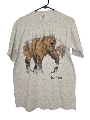 Jerzees Vintage Made in USA Missouri Bear Graphic T-Shirt Men's L Gray Cotton