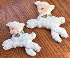 Vintage Mid Century Baby Blue Chalkware Lambs 2 Wall Plaques So Adorable
