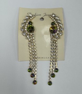 Vintage 90s Aurora Borealis Rhinestone Clip-On Dangle Earrings Gold Tone Glam