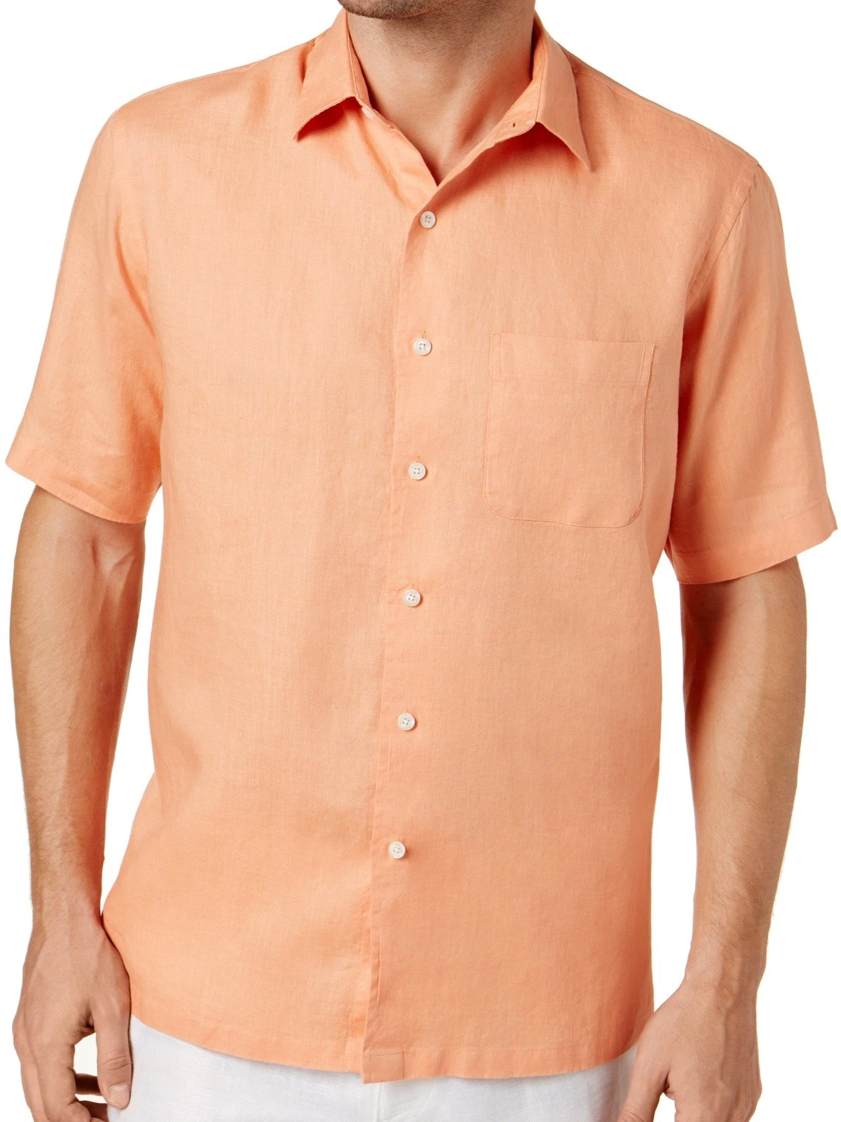 Tasso Elba Collezione Mens Camp Shirt S Ginger Coral 100% Linen Heathered Casual