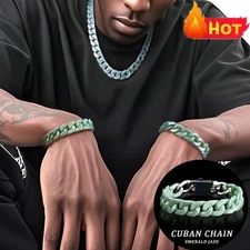 Fashion Men's Cuban Chain Bean Green Color Jade Necklace Hip-Hop Style Bracelet