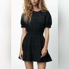 Zara Black Swiss Dot Cotton Mini Dress with Puff Sleeves and Embroidery