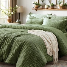 King Size Comforter Set 7 Pieces, Olive Green Seersucker Bed in a Bag with Sh...